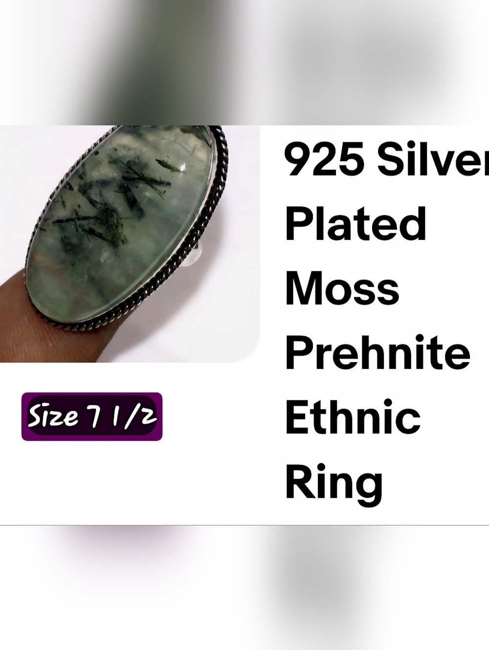 Unique,  One-Of-A-Kind, Natural Moss Prehnite Oval Ring in Silver Plated Setting